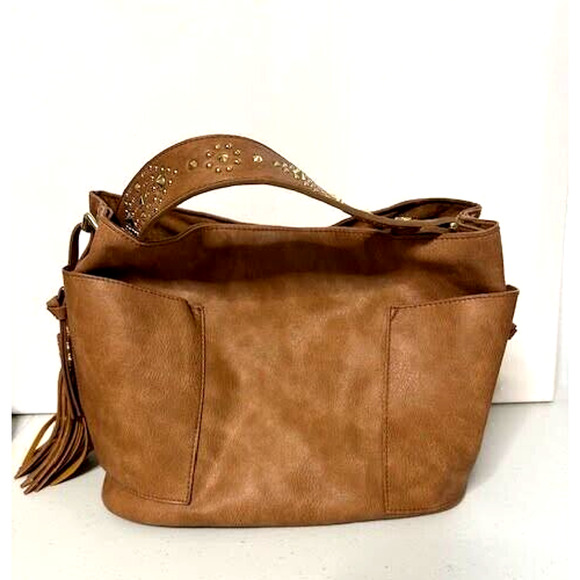 Steve Madden Brown Studded Shoulder Bag Purse Faux Leather Tote w/ Pockets - Picture 1 of 8